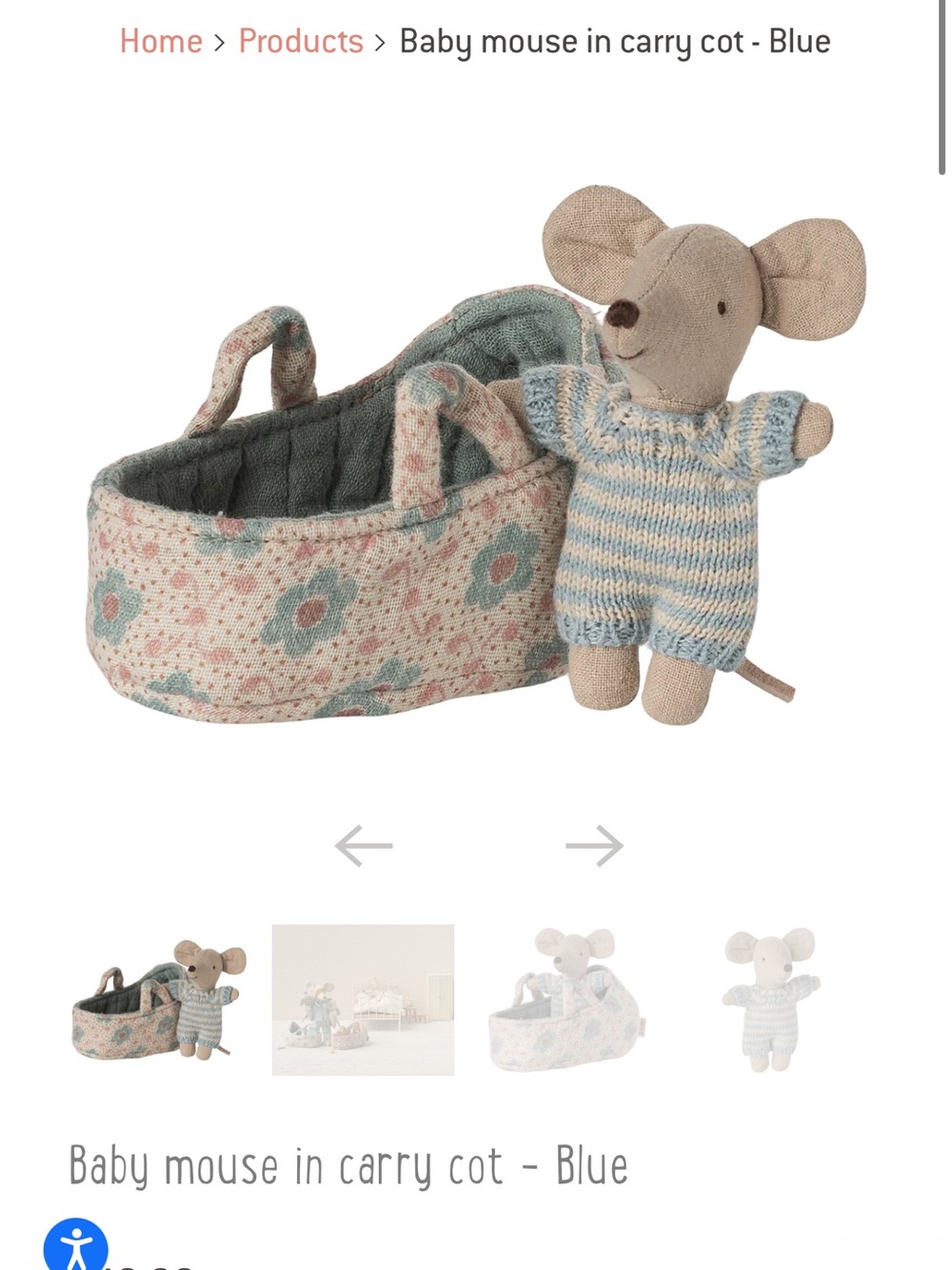 Maileg Baby mouse in carry cot - Blue